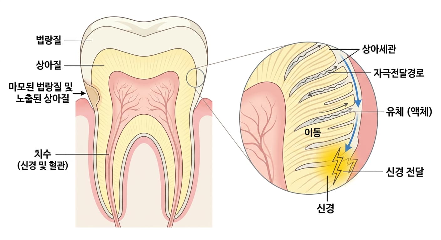 Schéma en coupe d'une dent montrant l'émail, la dentine et la pulpe, avec un agrandissement illustrant le principe de la théorie hydrodynamique où le mouvement du liquide dans les tubules dentinaires stimule le nerf