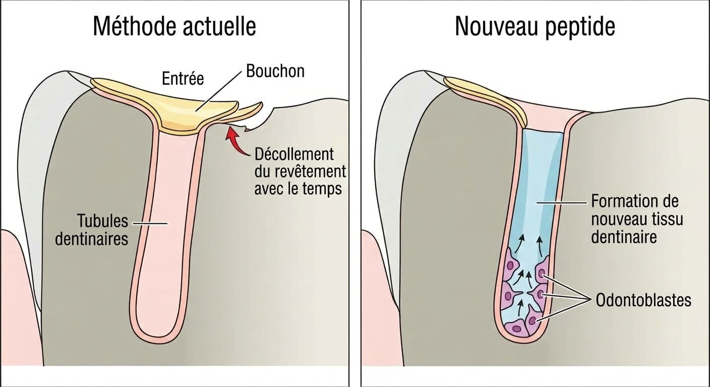 Schéma comparant côte à côte la méthode actuelle, où le revêtement obturant l'entrée des tubules dentinaires se décolle avec le temps, et la méthode par peptide, où les odontoblastes réactivés comblent les tubules de nouvelle dentine depuis l'intérieur