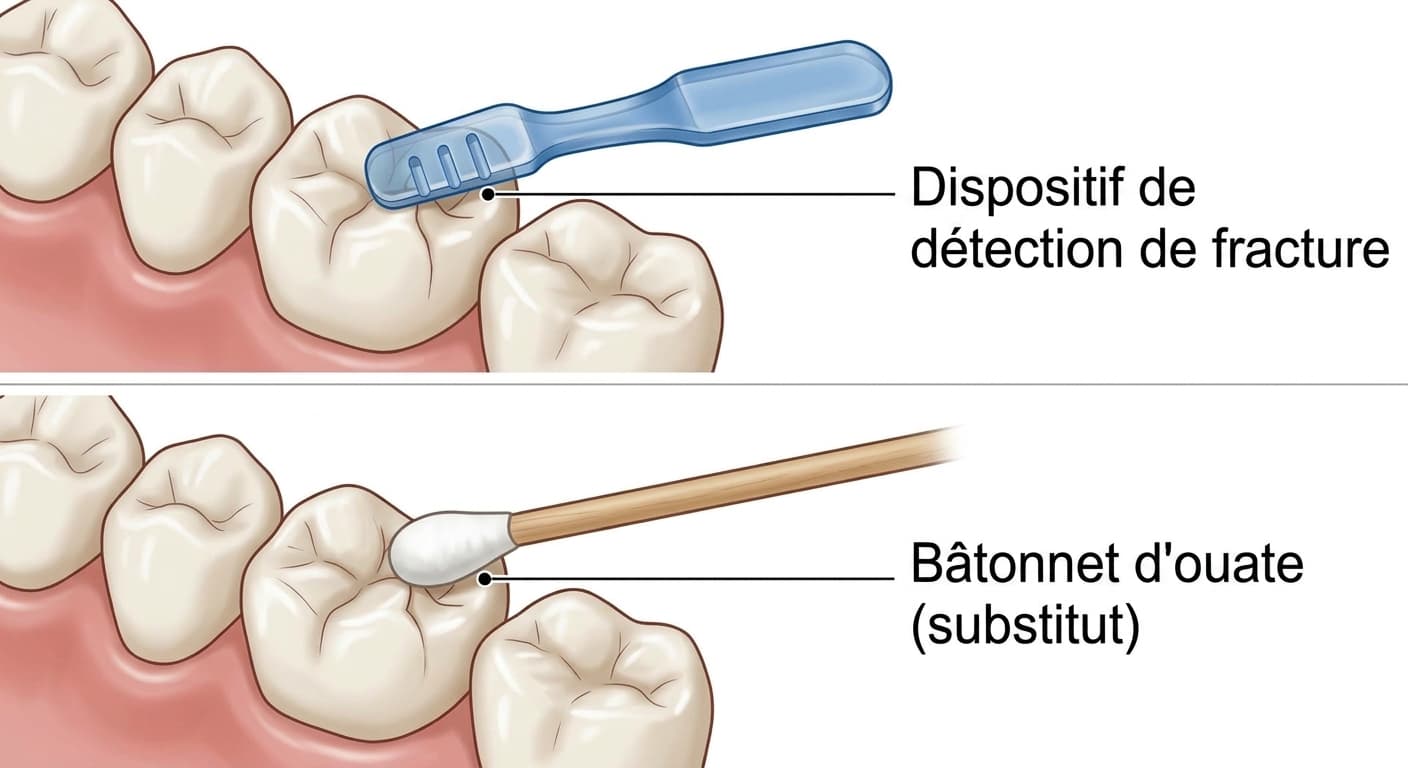 Illustration comparant l'instrument de détection de fracture et le coton-tige utilisé comme substitut pour vérifier la présence d'une fissure dentaire