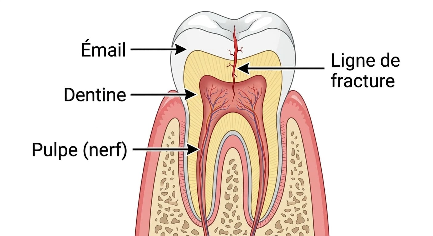 Illustration montrant la ligne de fracture reliant la face masticatoire au nerf, en coupe d'une molaire