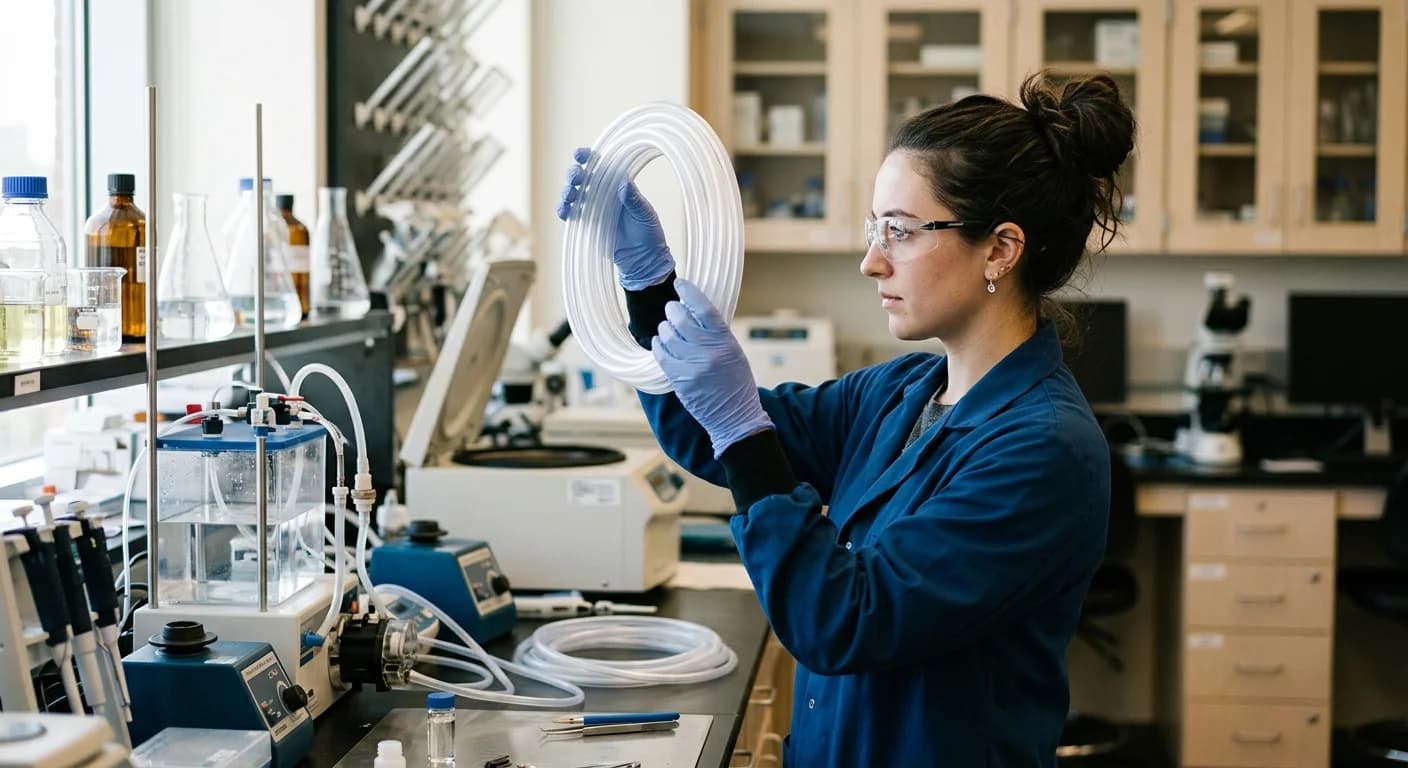Un chercheur examine un échantillon de tube en polyuréthane transparent sur une paillasse de laboratoire