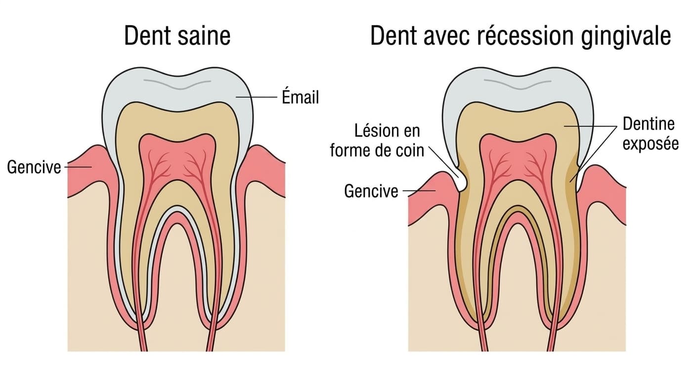 Comparaison en coupe d'une dent saine et d'une dent avec récession gingivale. Sur la dent saine, la gencive recouvre le collet de la dent, tandis que sur la dent avec récession gingivale, la dentine de la racine est exposée et une lésion en forme de coin peut apparaître à la jonction gingivale