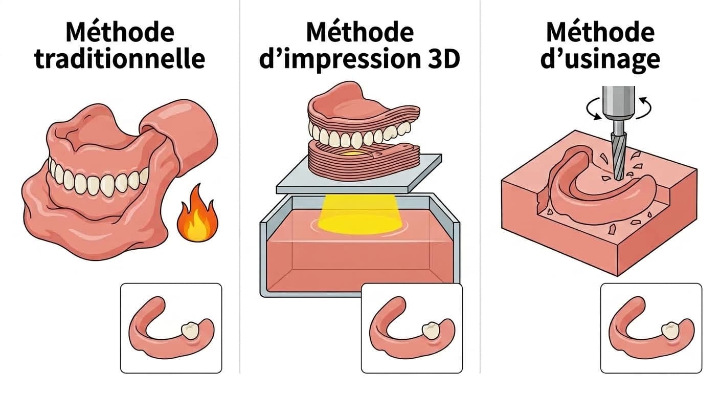 Illustration comparant côte à côte les trois méthodes de fabrication d'une prothèse dentaire complète : à gauche, la méthode traditionnelle où les dents sont noyées dans une résine pâteuse durcie à la chaleur ; au centre, la méthode d'impression 3D où la résine liquide est durcie couche par couche ; à droite, la méthode d'usinage où un bloc solide est fraisé avec une fraise de coupe.