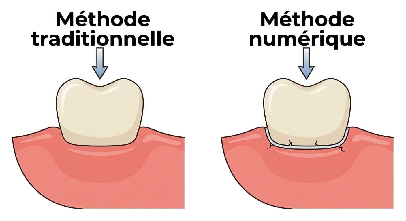 Illustration comparant en coupe la zone de jonction entre la dent et la base de la prothèse selon deux méthodes : à gauche, la méthode traditionnelle où la jonction est lisse et continue, sans ligne de démarcation ; à droite, la méthode numérique où de petites fissures apparaissent le long de la ligne de la couche d'adhésif.