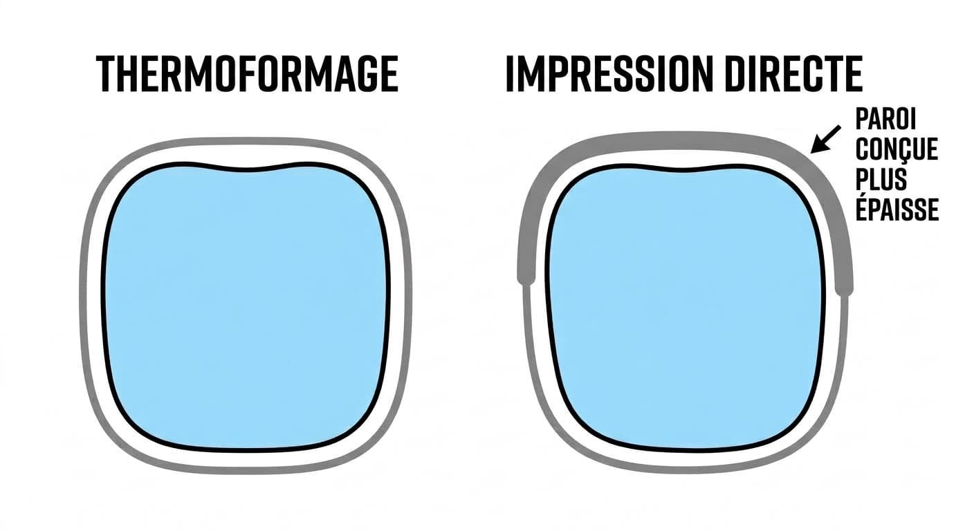 Comparaison en coupe d'un aligneur thermoformé à paroi uniforme et d'un aligneur imprimé directement à épaisseur variable selon la zone