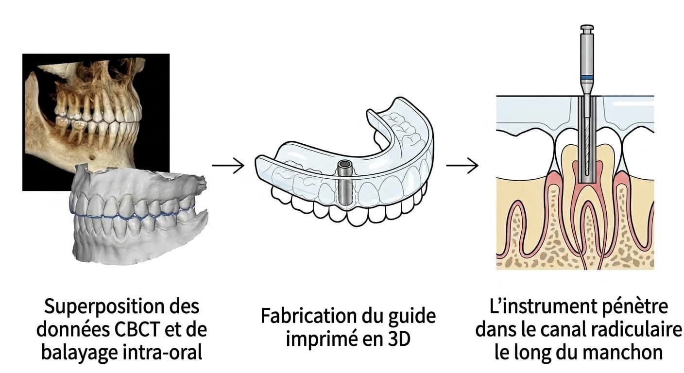 Schéma en trois étapes montrant la superposition des données CBCT et de balayage intra-oral pour fabriquer un guide imprimé en 3D, puis l'instrument pénétrant jusqu'au canal radiculaire le long du manchon métallique fixé au guide