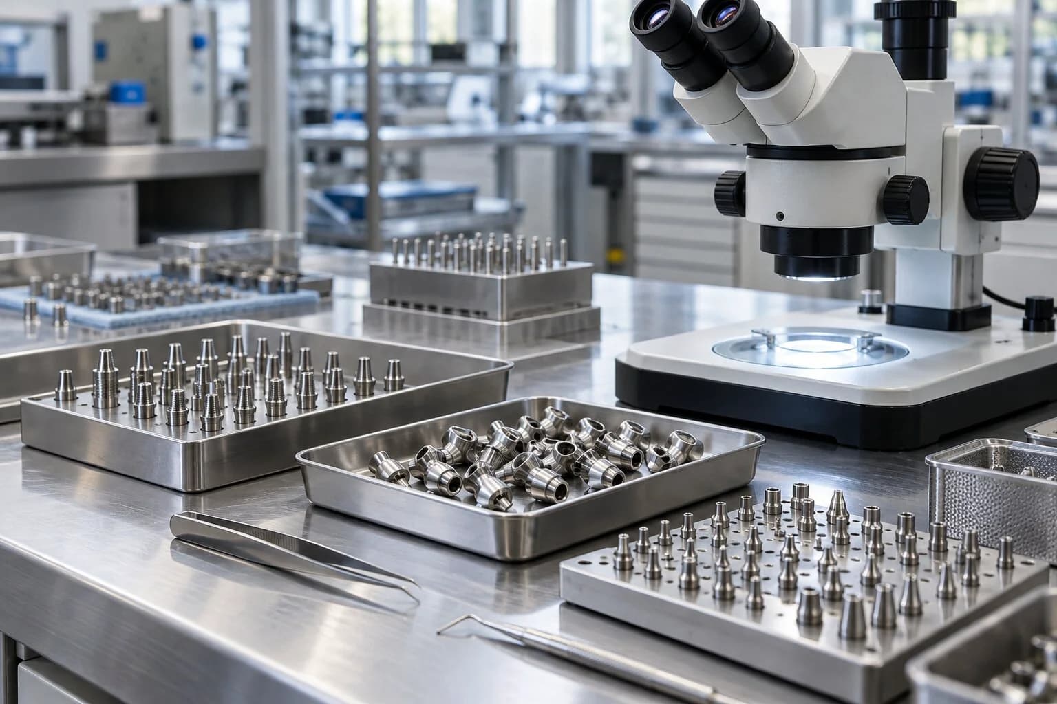 Un établi avec des plateaux contenant des pièces métalliques et un microscope de contrôle