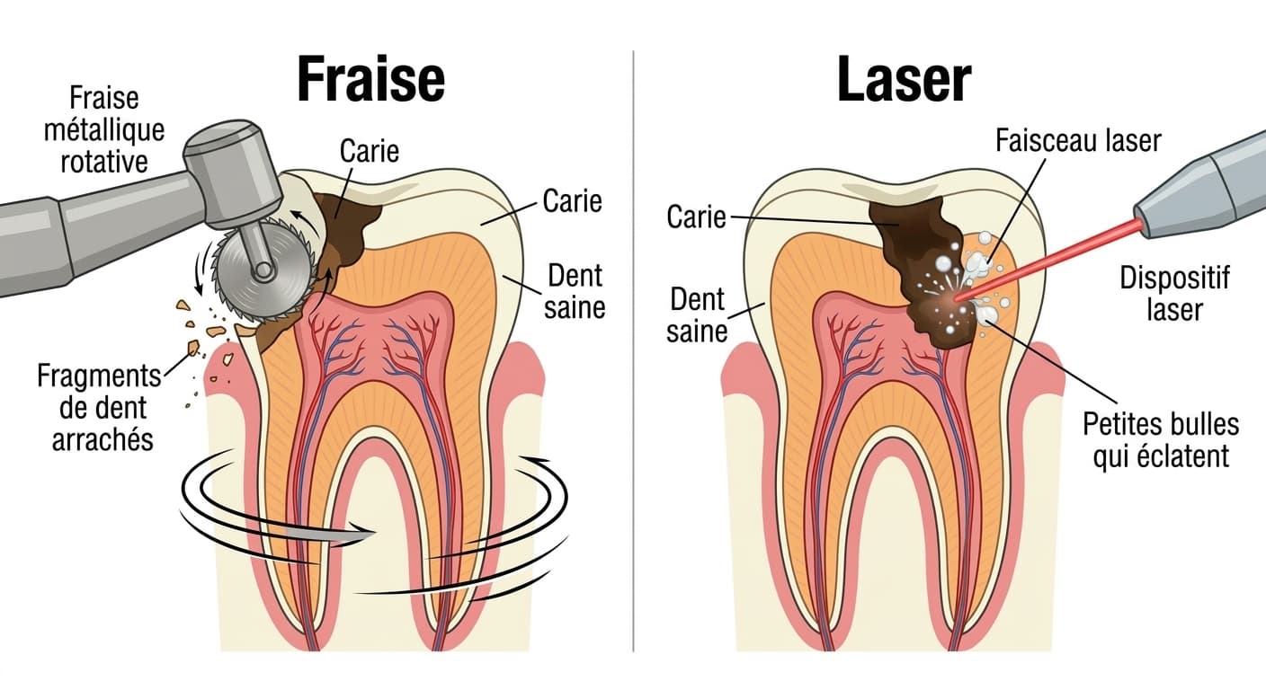 La fraise use la carie et la dent saine ensemble avec une lame rotative, tandis que le laser n'est absorbé que par le tissu carié riche en eau et l'élimine comme par de petites bulles qui éclatent