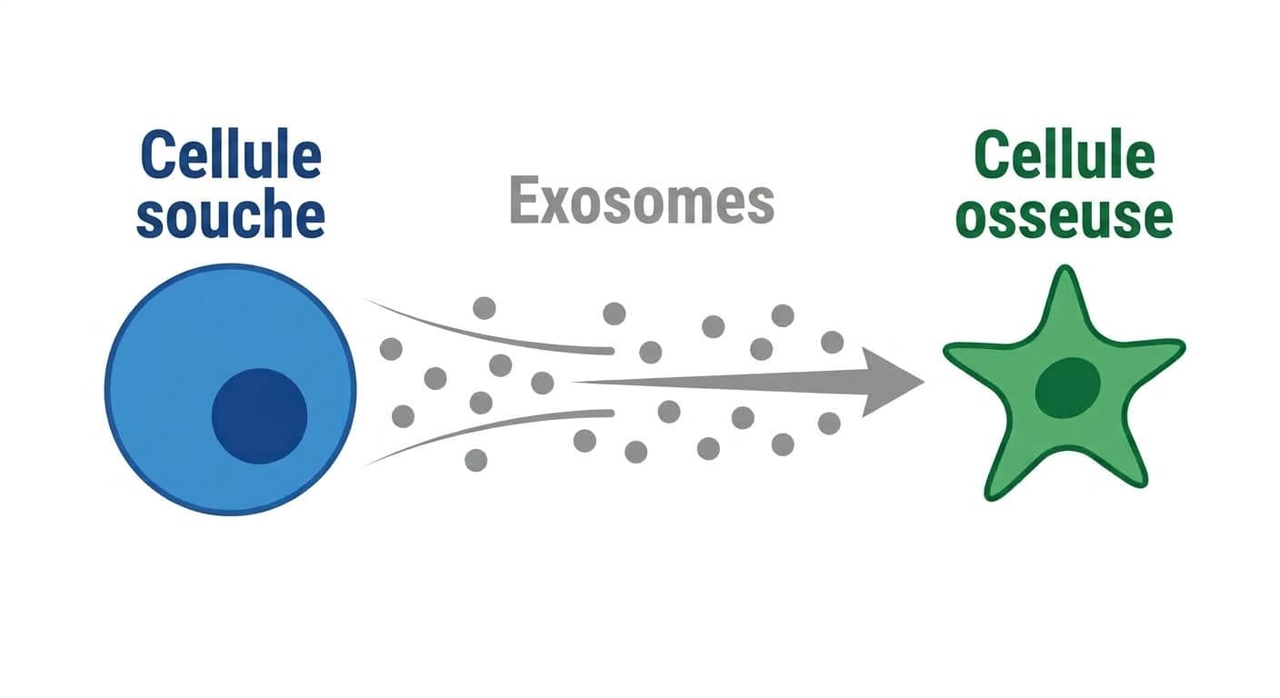 Schéma montrant les exosomes, petits sachets de signaux issus des cellules souches, se déplaçant vers les cellules osseuses pour transmettre leur signal