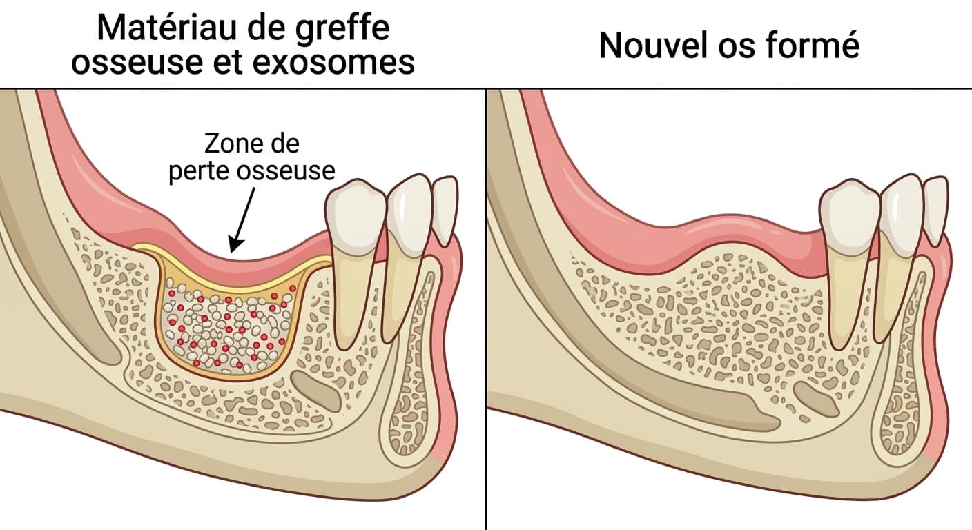 Coupe comparant côte à côte la zone de perte osseuse de la mâchoire comblée par le matériau de greffe et les exosomes, et le même site plusieurs mois plus tard, une fois rempli par le nouvel os