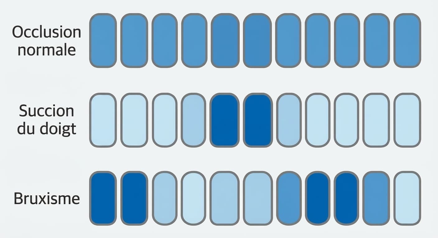 Illustration comparant, par l'intensité de la couleur, la différence de force du signal de pression à chaque position dentaire selon l'occlusion normale, la succion du doigt et le bruxisme