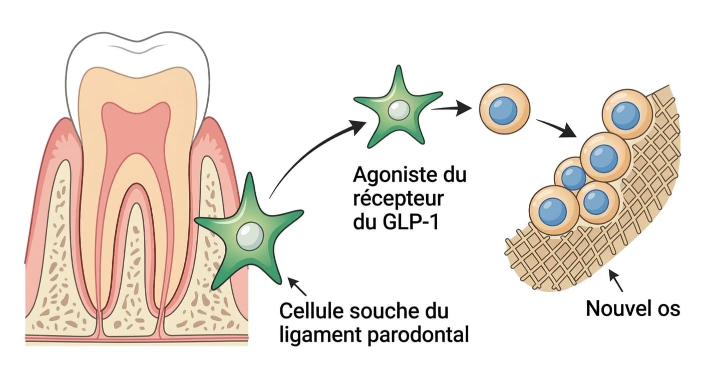 Processus par lequel une cellule souche du ligament parodontal se différencie, sous l'action d'un agoniste du récepteur du GLP-1, en cellule formatrice d'os pour créer un nouveau tissu osseux