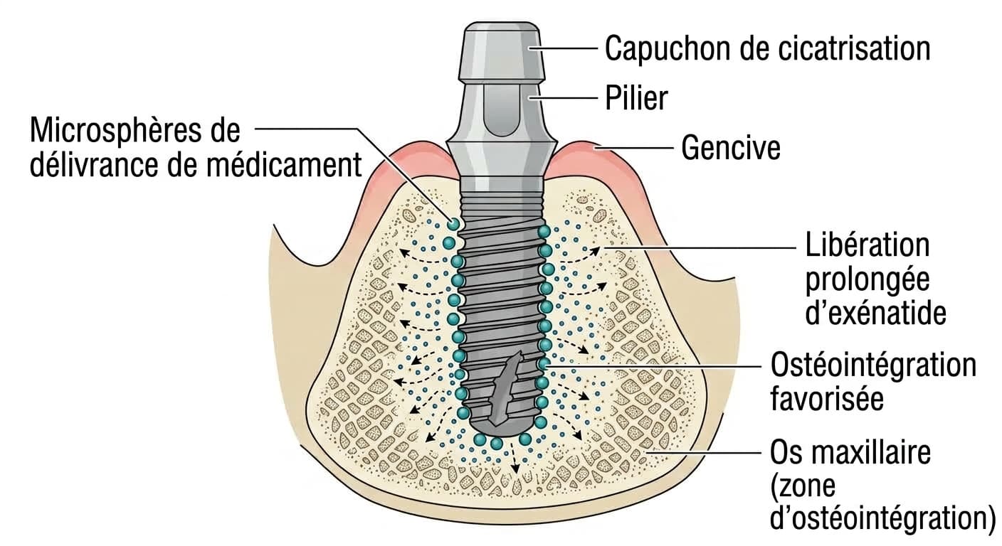 Microsphères de délivrance de médicament fixées à la surface de l'implant, libérant lentement de l'exénatide pour favoriser l'ostéointégration de l'os maxillaire environnant