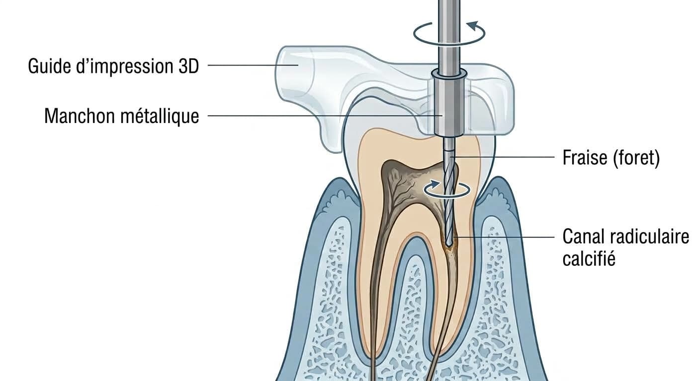 La fraise guidée le long du manchon métallique inséré dans un guide imprimé en 3D, jusqu'à l'entrée du canal calcifié
