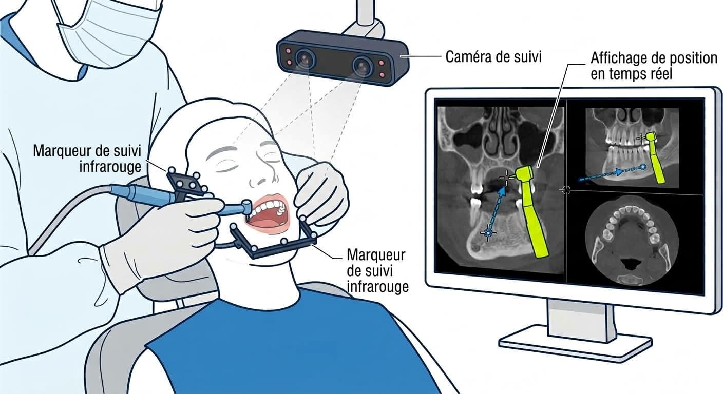 Le système de navigation dynamique affichant en temps réel la position de la fraise sur l'image du CBCT grâce à des marqueurs de suivi infrarouges et une caméra