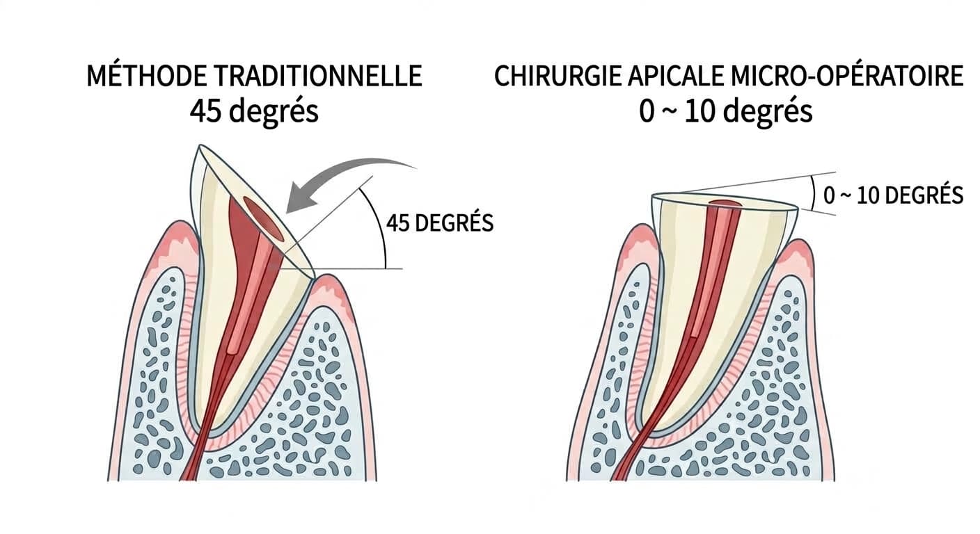 Coupe comparant l'angle de résection apicale de la méthode traditionnelle (45 degrés) à celui de la microchirurgie apicale (0 à 10 degrés)
