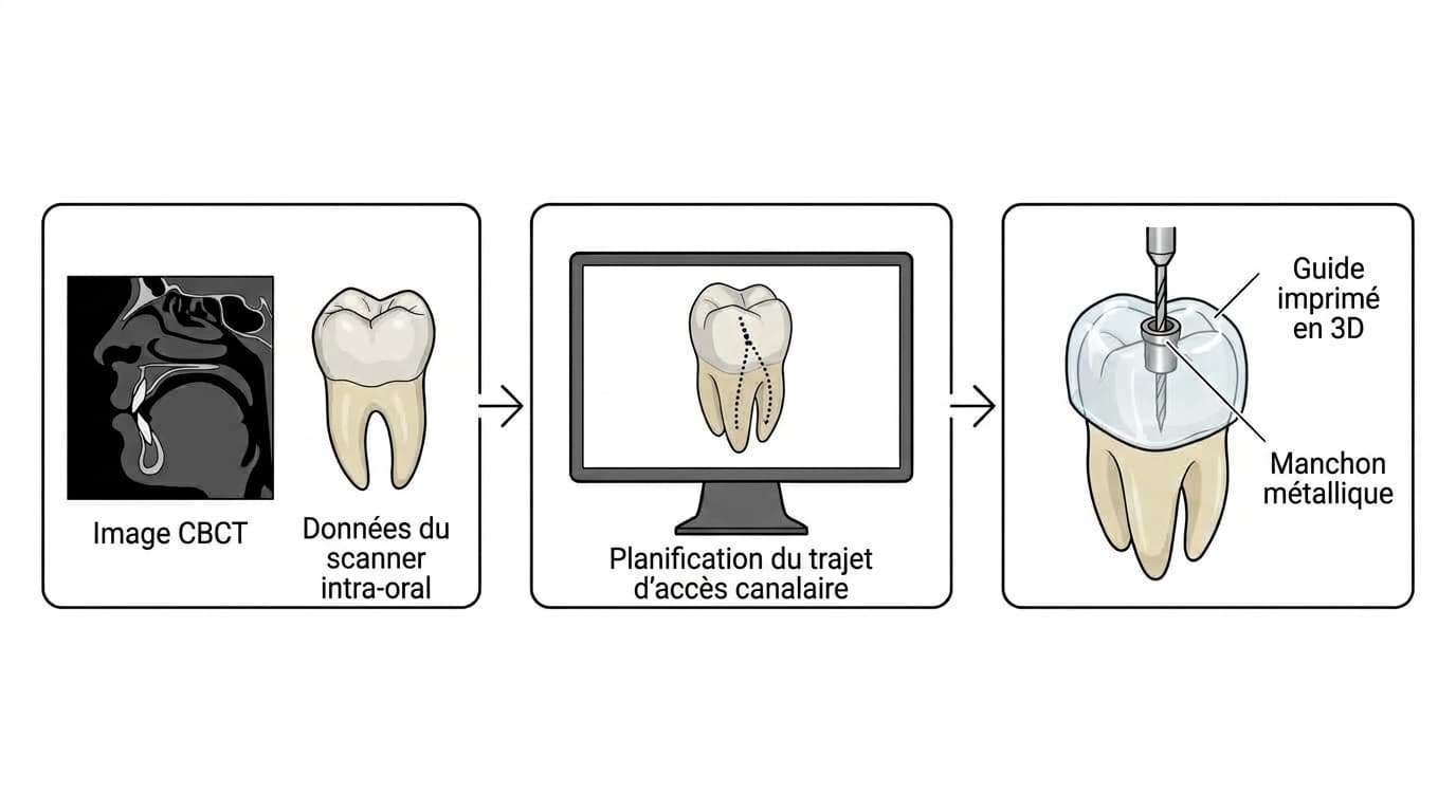Processus en trois étapes : superposer l'image CBCT et les données du scanner intra-oral pour planifier le trajet d'accès canalaire, puis poser sur la dent un guide imprimé en 3D muni d'un manchon métallique pour y engager la fraise
