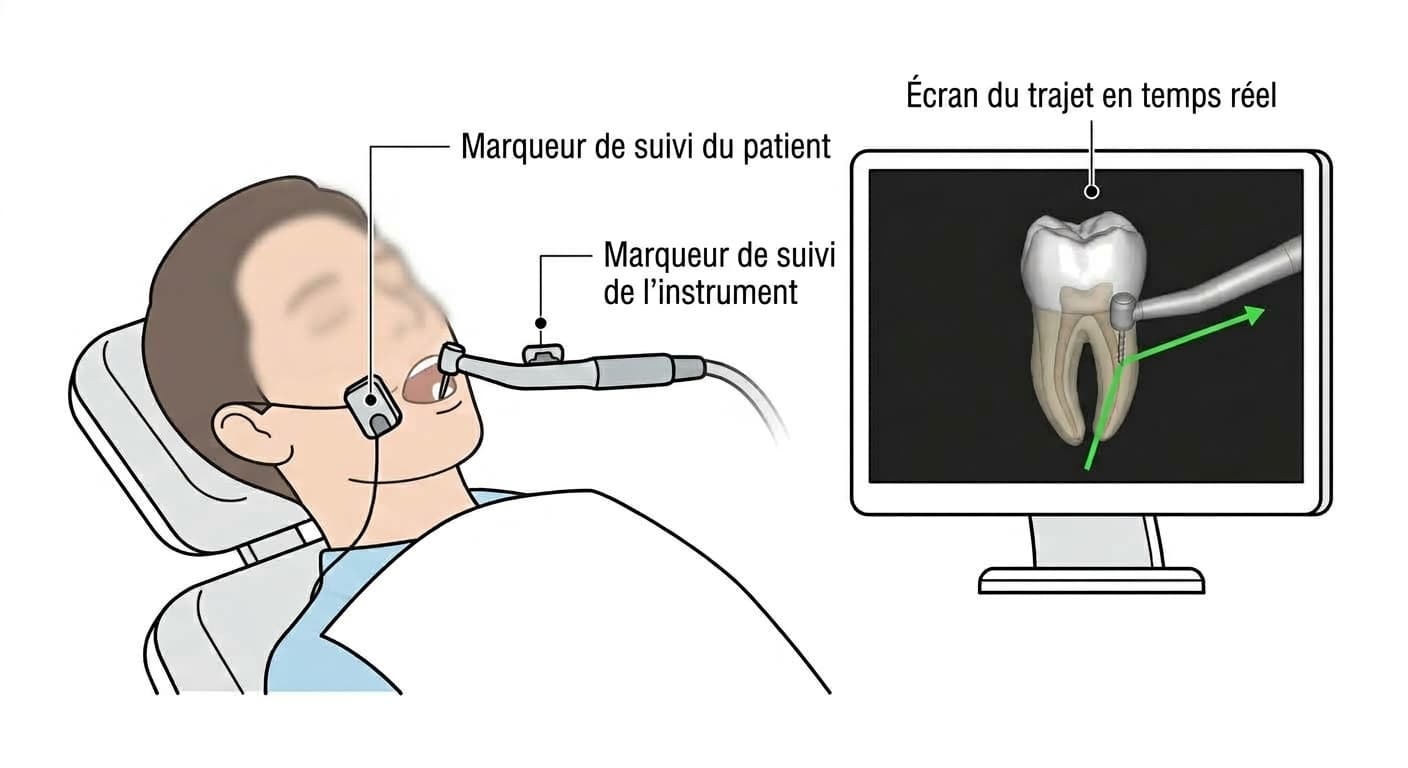Illustration montrant les marqueurs de suivi fixés sur le patient et la pièce à main dentaire, ainsi que le trajet de la fraise affiché en temps réel sur l'image tridimensionnelle de la dent à l'écran