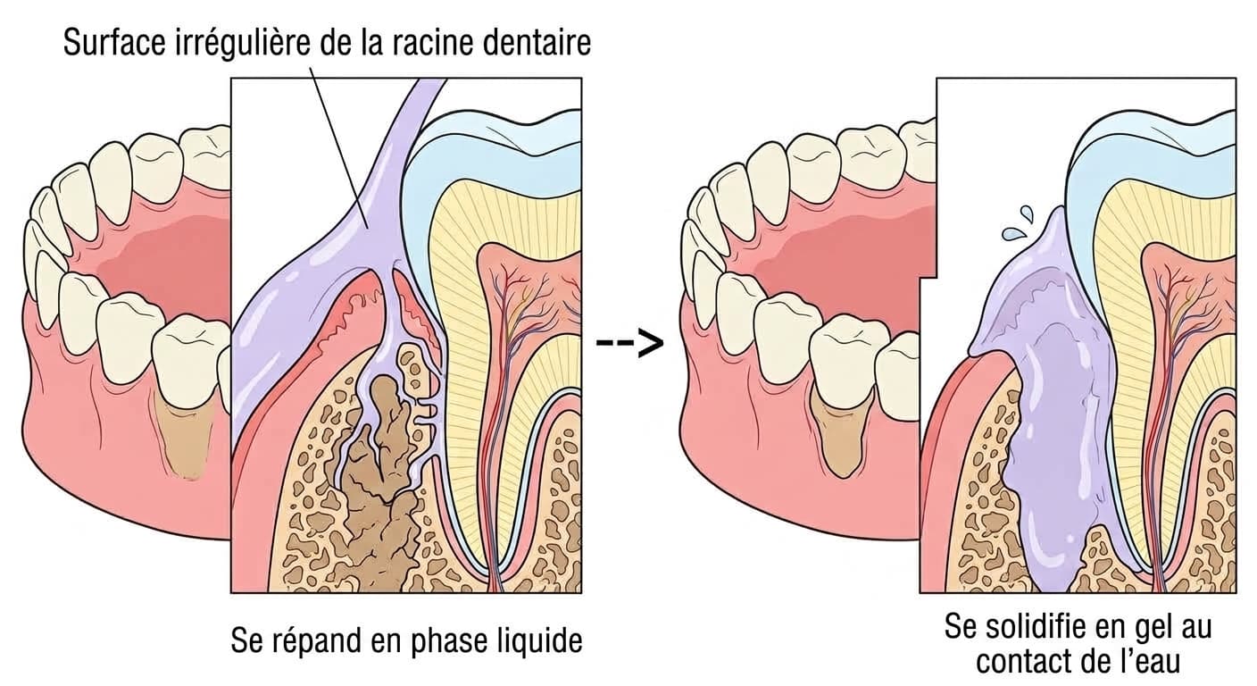Coupe transversale montrant, côte à côte, le matériau à l'état liquide s'infiltrant dans les interstices de la surface radiculaire, puis durcissant en gel adhérent au contact de l'eau