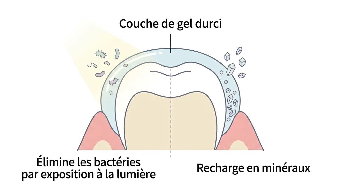 Coupe transversale montrant la lumière exposée à la couche de gel durci faisant disparaître les bactéries, et en dessous, de nouveaux cristaux minéraux se déposant sur la surface de la racine dentaire