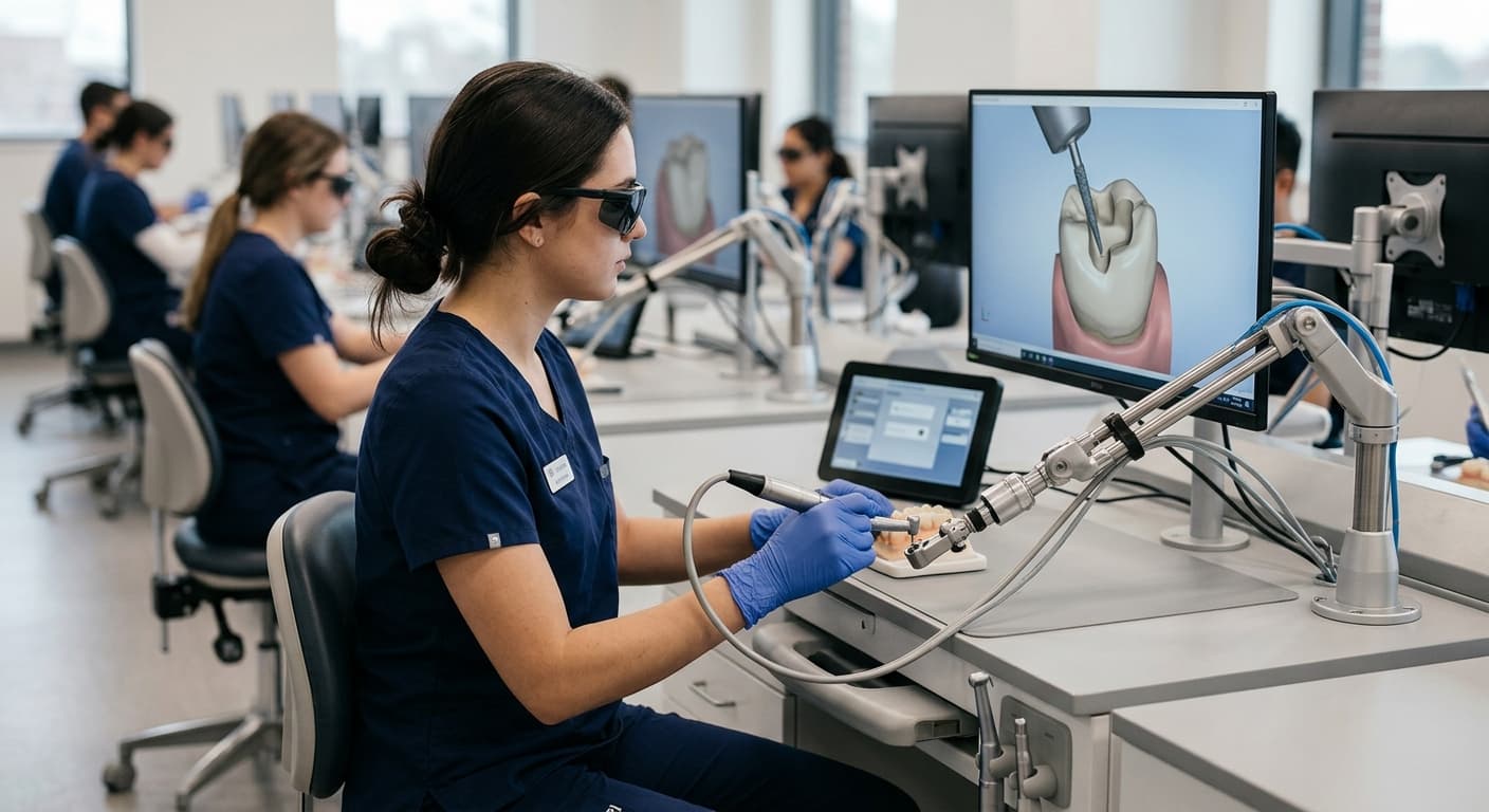Dans une salle de travaux pratiques dentaires, une étudiante fraise une dent affichée à l'écran à l'aide d'un simulateur de réalité virtuelle haptique équipé d'un bras robotisé