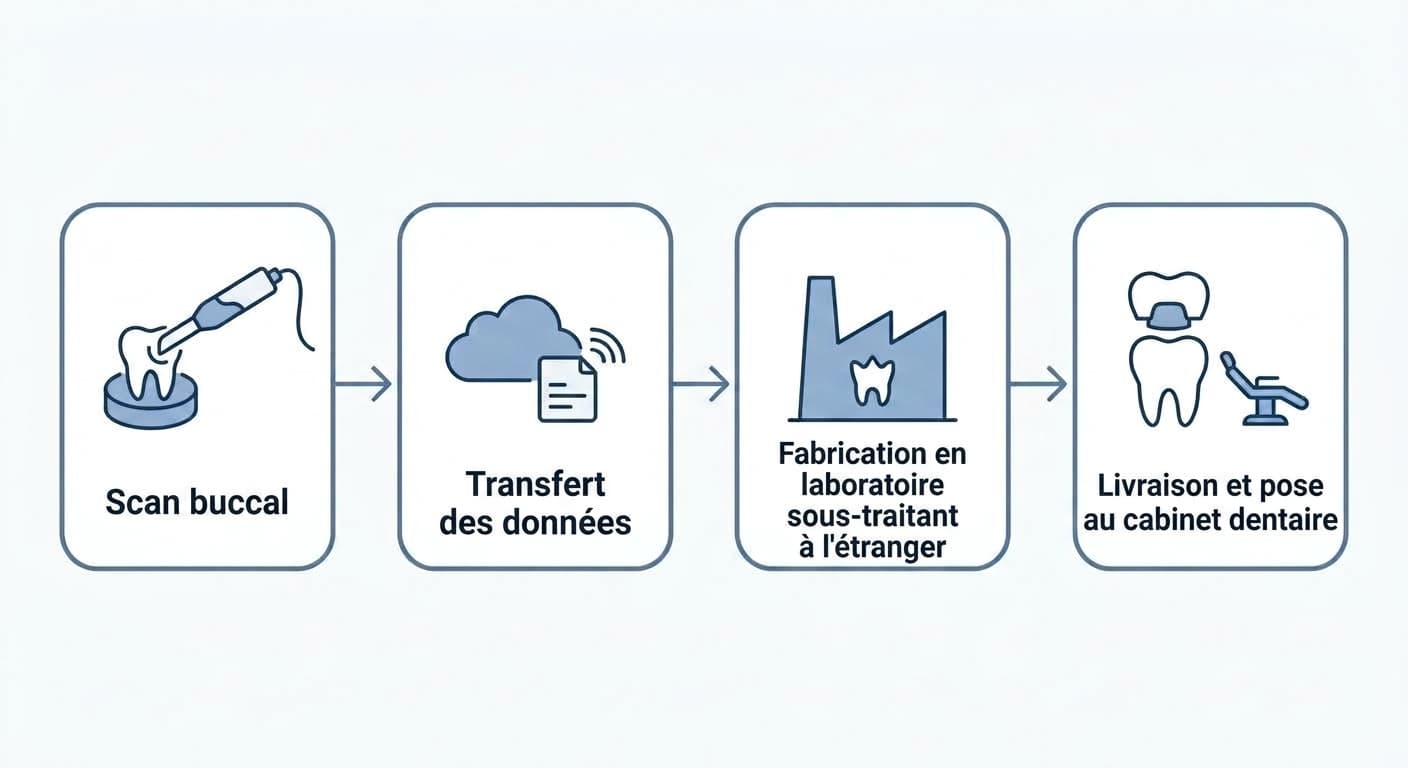 Illustration reliant par des flèches les quatre étapes : scan buccal, transfert des données, fabrication en laboratoire sous-traitant à l'étranger, livraison au cabinet dentaire