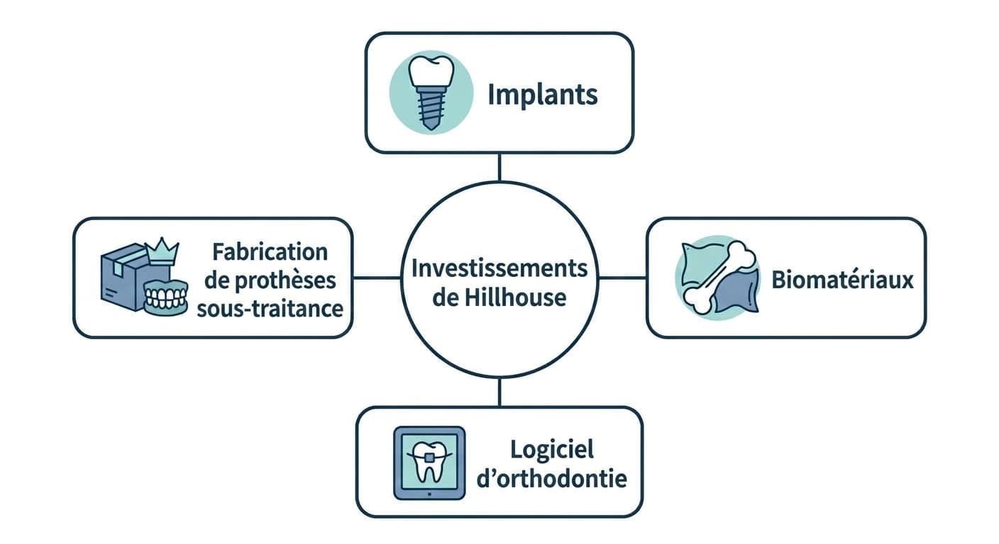 Illustration reliant par des lignes un cercle central à quatre domaines : implants, biomatériaux, logiciels d'orthodontie et fabrication à façon de prothèses