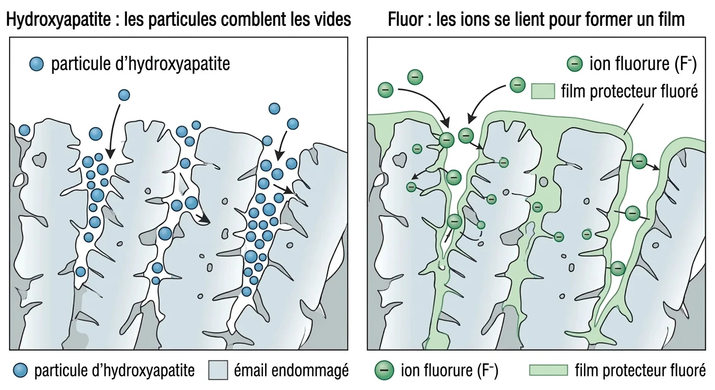 Illustration comparant côte à côte la façon dont les particules d'hydroxyapatite comblent directement les micropores de la surface de l'émail et la façon dont les ions fluorure se lient pour former un film protecteur