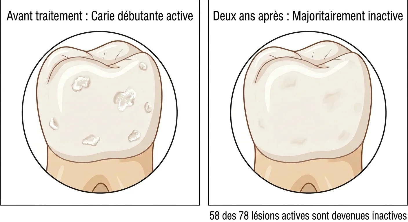 Illustration comparant une dent présentant plusieurs taches blanches dues à une carie débutante active avant traitement, et la même dent deux ans plus tard, avec la plupart des taches atténuées