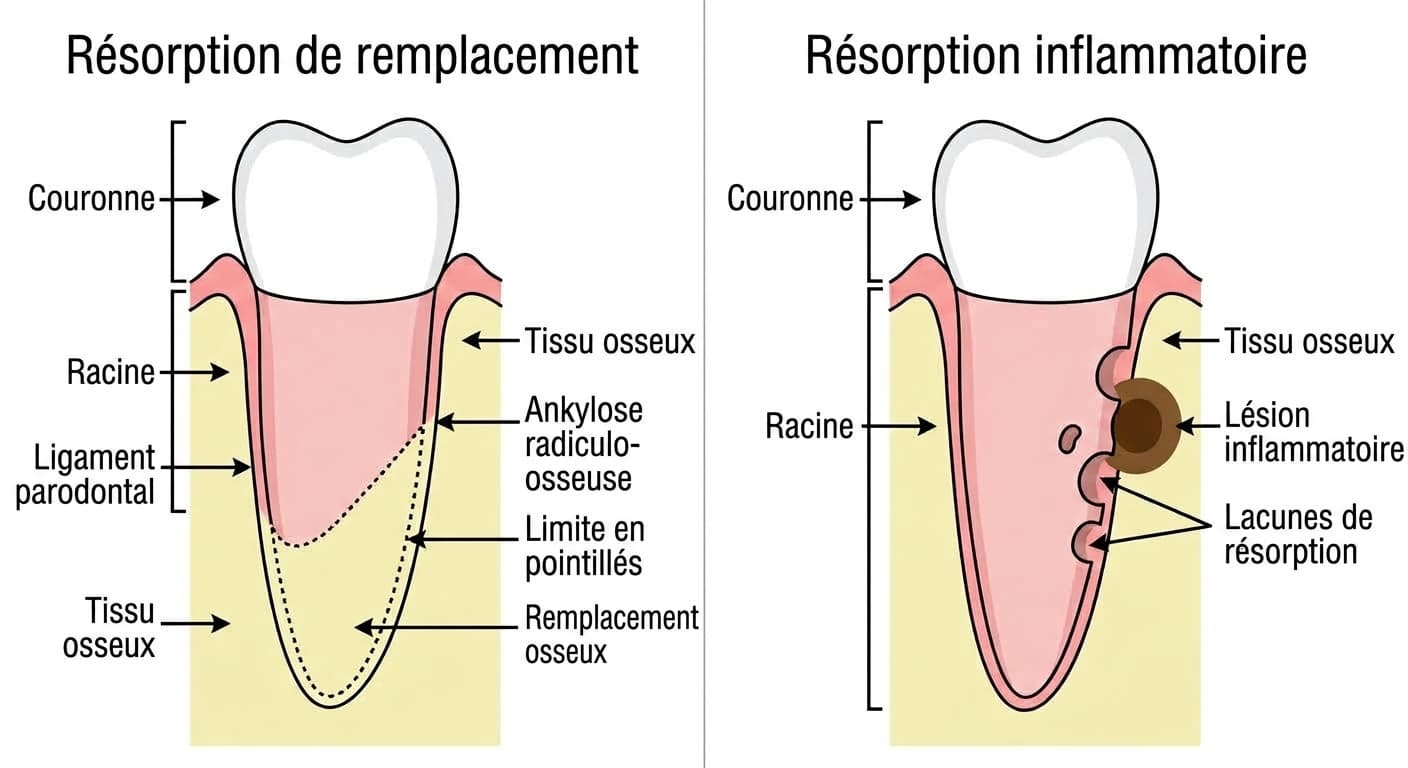 Schéma comparant côte à côte la résorption de remplacement, où la racine se transforme peu à peu en tissu osseux, et la résorption inflammatoire, où la surface de la racine se creuse avec formation d'une lésion inflammatoire