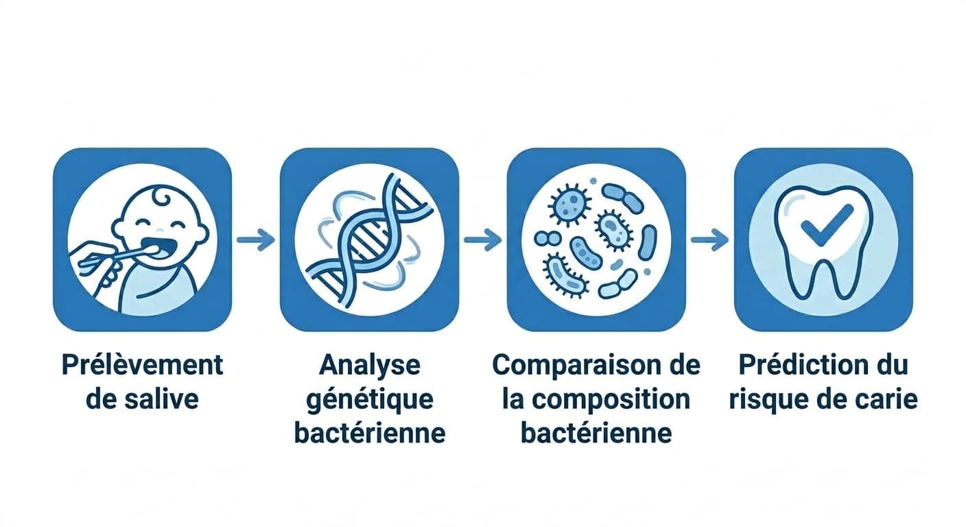 Organigramme illustré du processus, du prélèvement de salive de l'enfant à l'analyse génétique des bactéries, la comparaison de la composition bactérienne et la prédiction du risque de carie