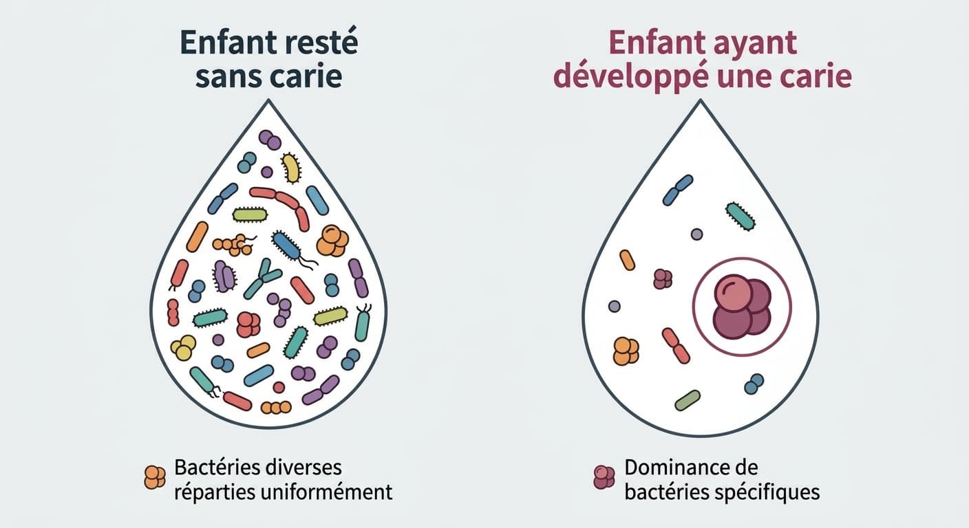 Comparaison de la composition bactérienne de la salive entre un enfant resté sans carie et un enfant ayant développé une carie. À gauche, des bactéries diverses réparties uniformément ; à droite, une dominance de bactéries spécifiques