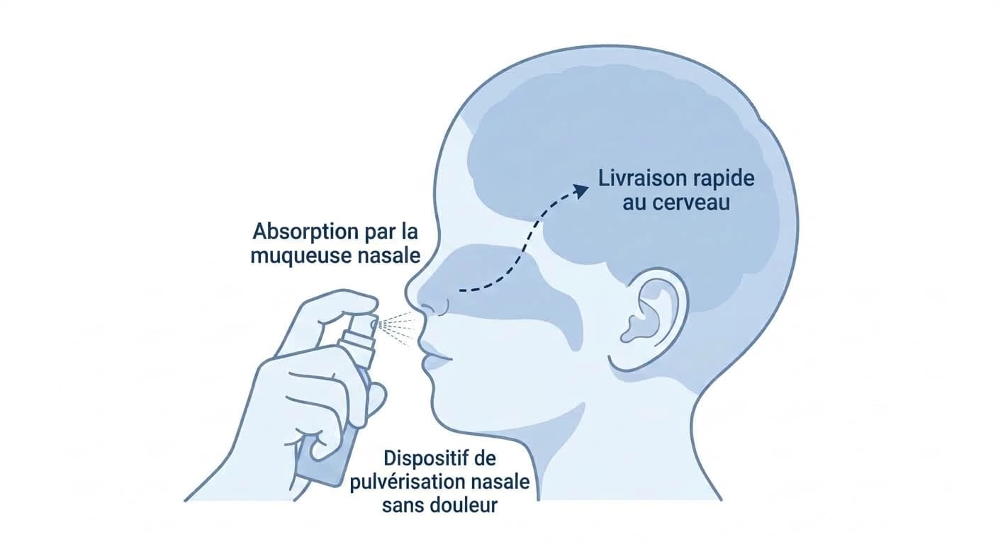Illustration du processus par lequel un sédatif pulvérisé dans le nez est rapidement absorbé par la muqueuse nasale puis transmis au cerveau