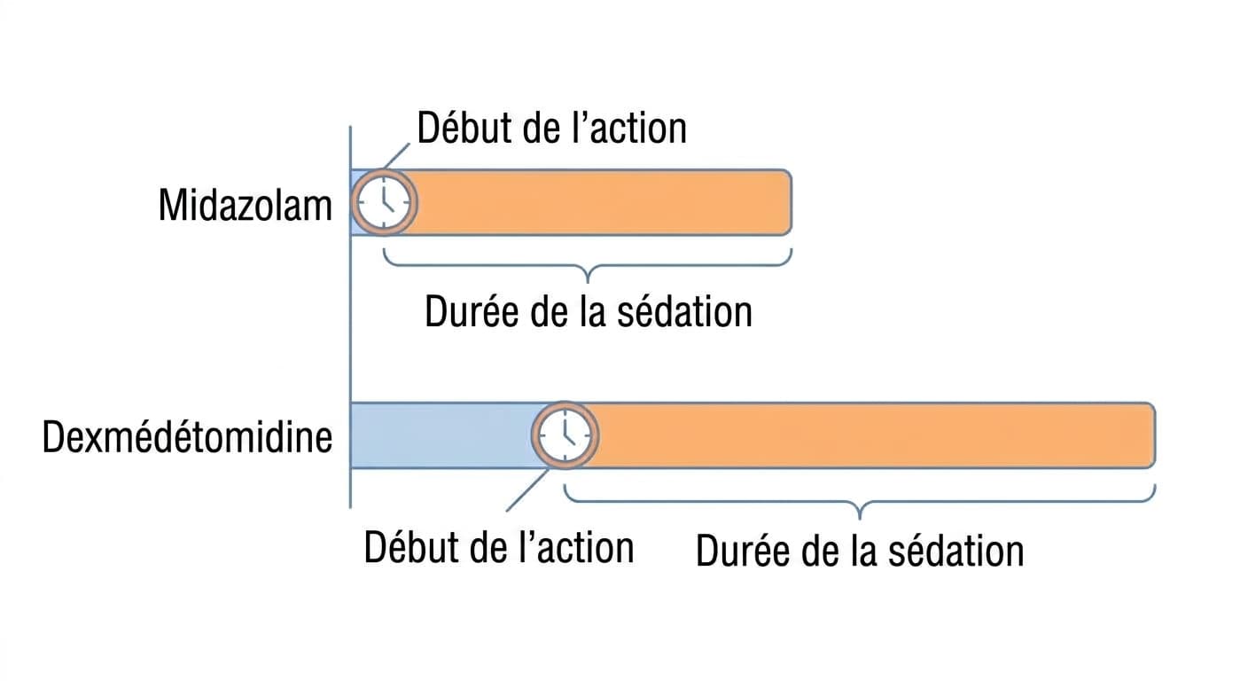 Illustration chronologique montrant que le midazolam agit vite et se termine vite, tandis que la dexmédétomidine commence à agir plus tard mais maintient la sédation plus longtemps