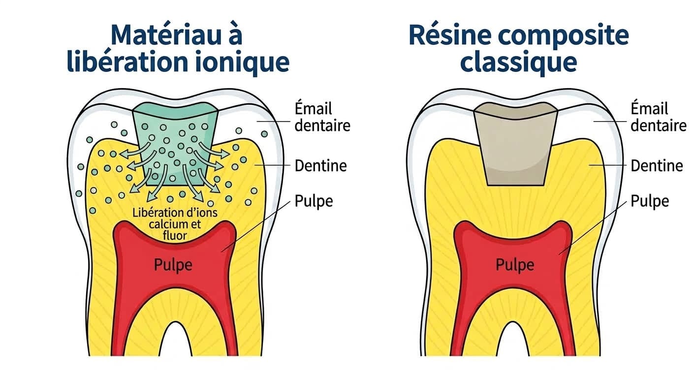 Coupe transversale dentaire comparant un matériau d'obturation à libération ionique et une résine composite classique. Les ions libérés diffèrent selon le matériau ; schéma conceptuel à visée pédagogique