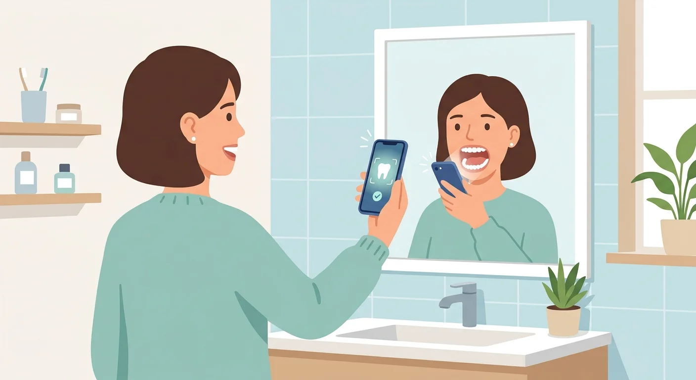 Illustration d'une personne tenant un smartphone devant sa bouche ouverte face à un miroir de salle de bain, l'écran affichant une icône de dent