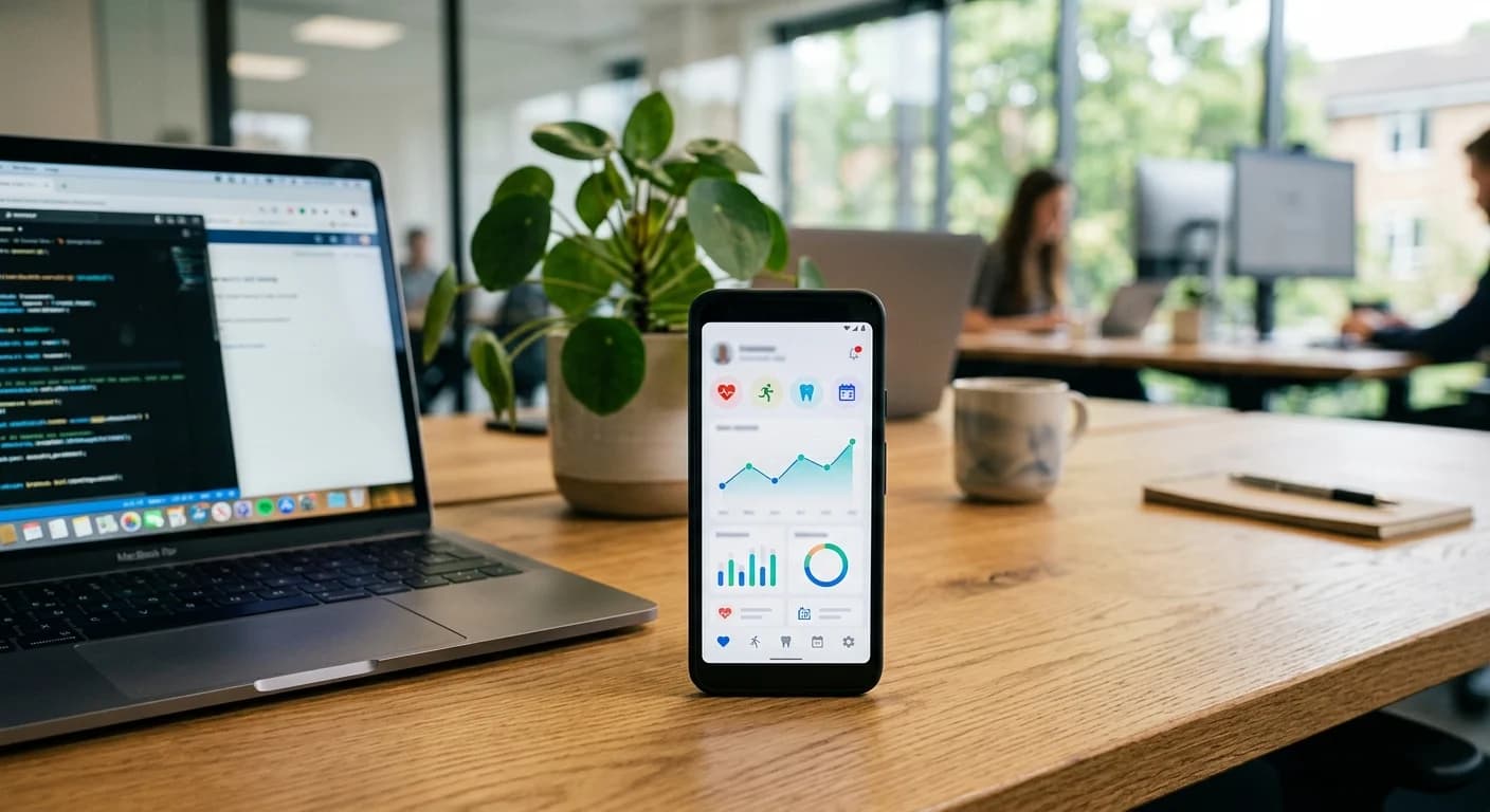 Photo d'un smartphone debout sur un bureau en bois affichant des graphiques et icônes d'une application de santé, à côté d'un ordinateur portable et d'une plante