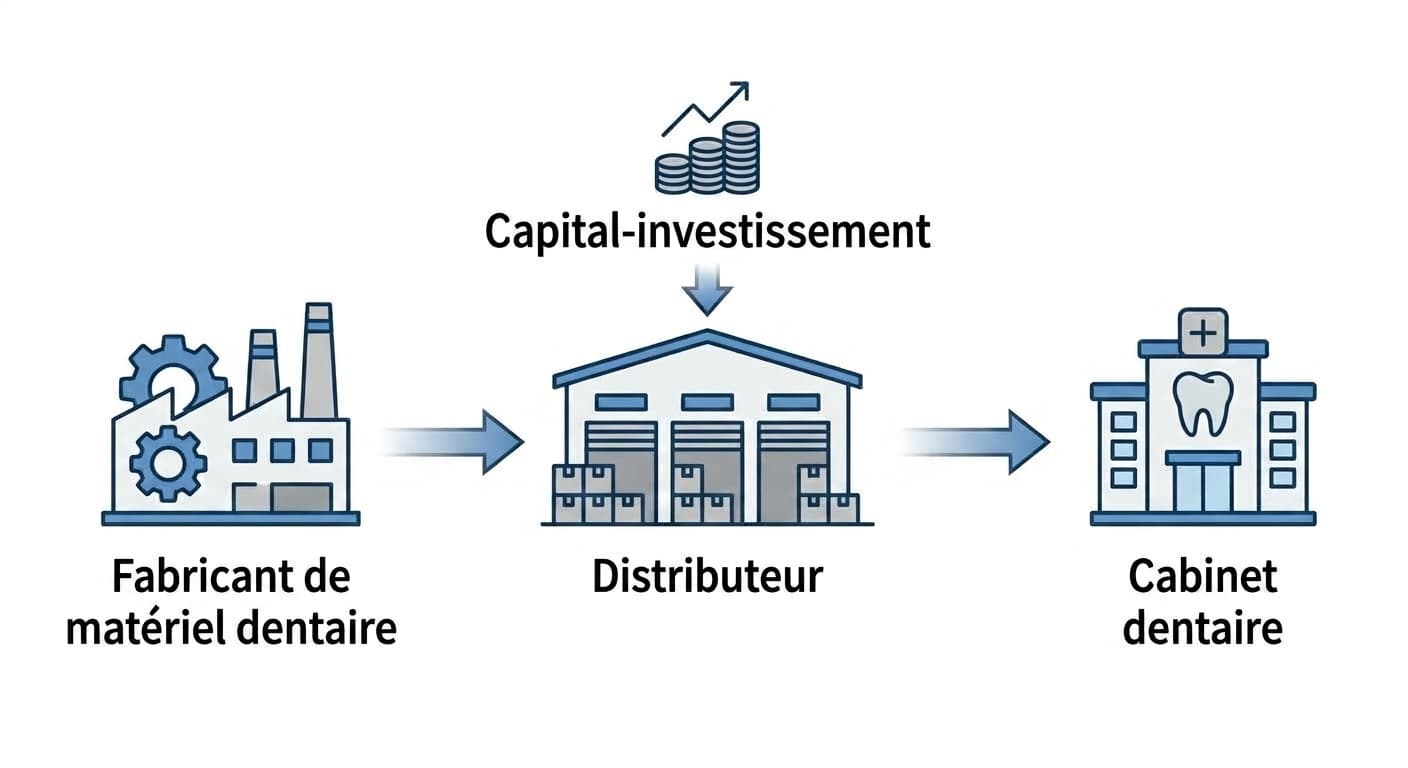 Schéma illustrant par des flèches le circuit d'approvisionnement en trois étapes, du fabricant au distributeur puis au cabinet dentaire, avec un investissement de capital-investissement représenté au-dessus du distributeur