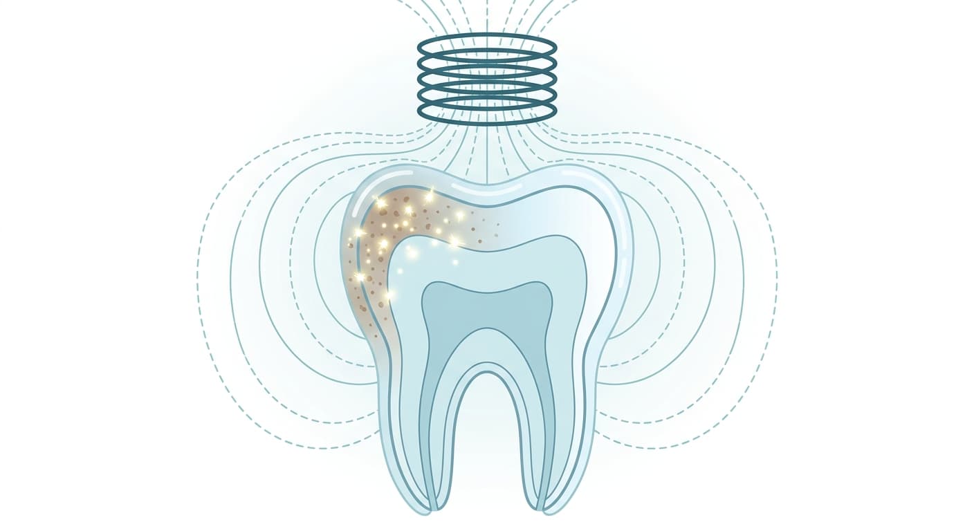 Illustration d'une coupe de dent enduite de gel sous une bobine magnétique, montrant l'atténuation des taches par la réaction électrique