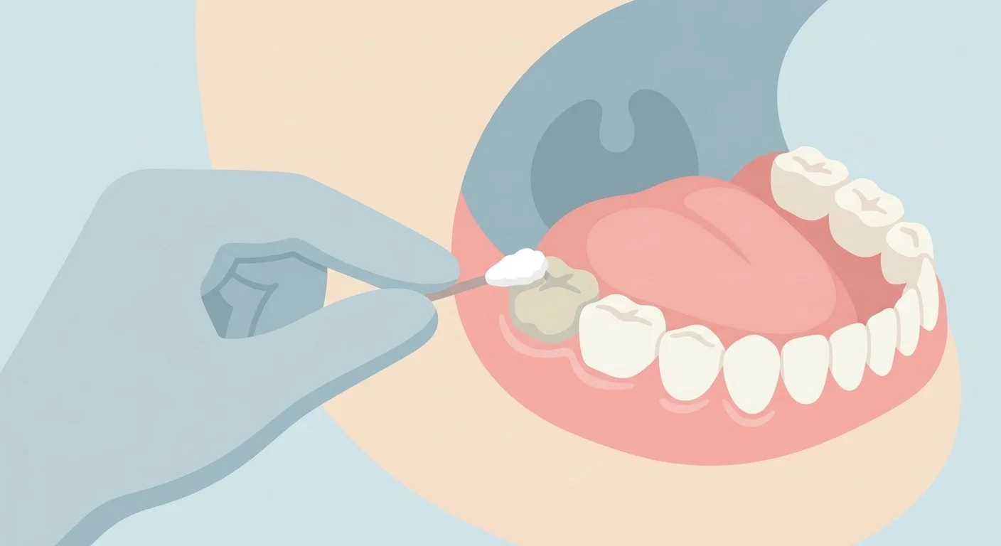 Une main gantée appliquant, à l'aide d'un petit outil, une solution blanche sur une molaire d'enfant