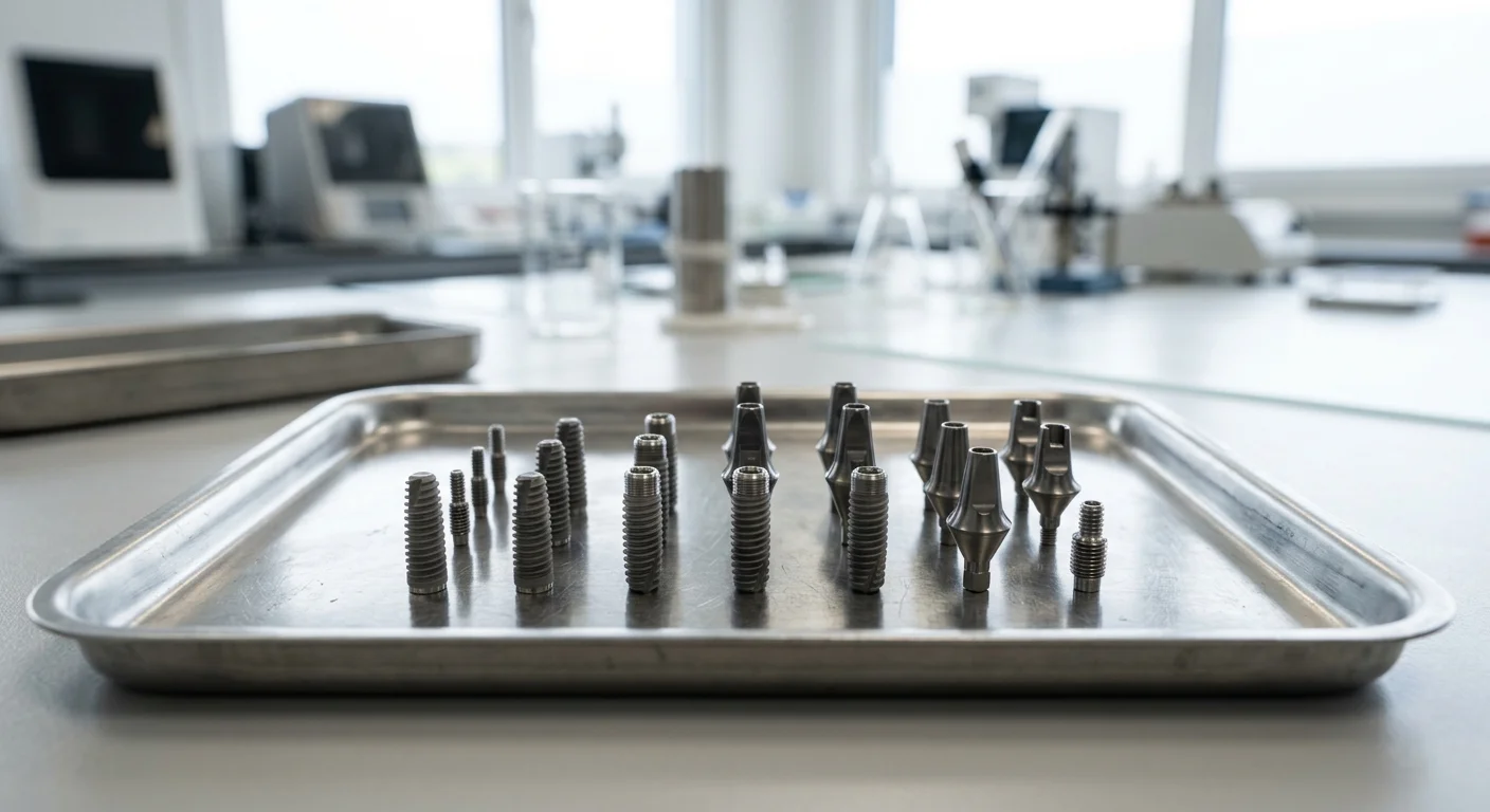 Gros plan sur plusieurs composants métalliques d'implants dentaires posés sur un plateau en inox de laboratoire