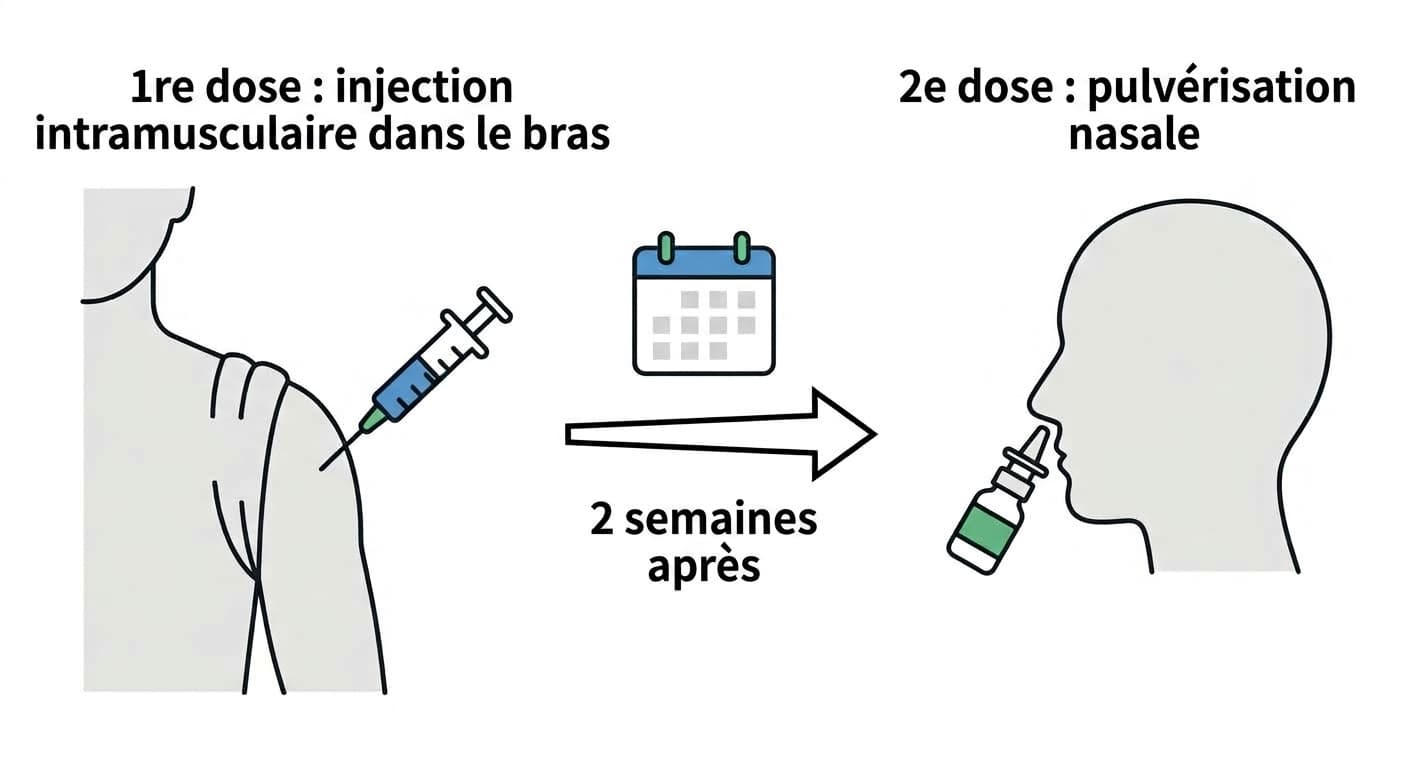 Illustration du schéma de vaccination en deux étapes : une injection dans le muscle du bras suivie, deux semaines plus tard, d'une pulvérisation nasale.