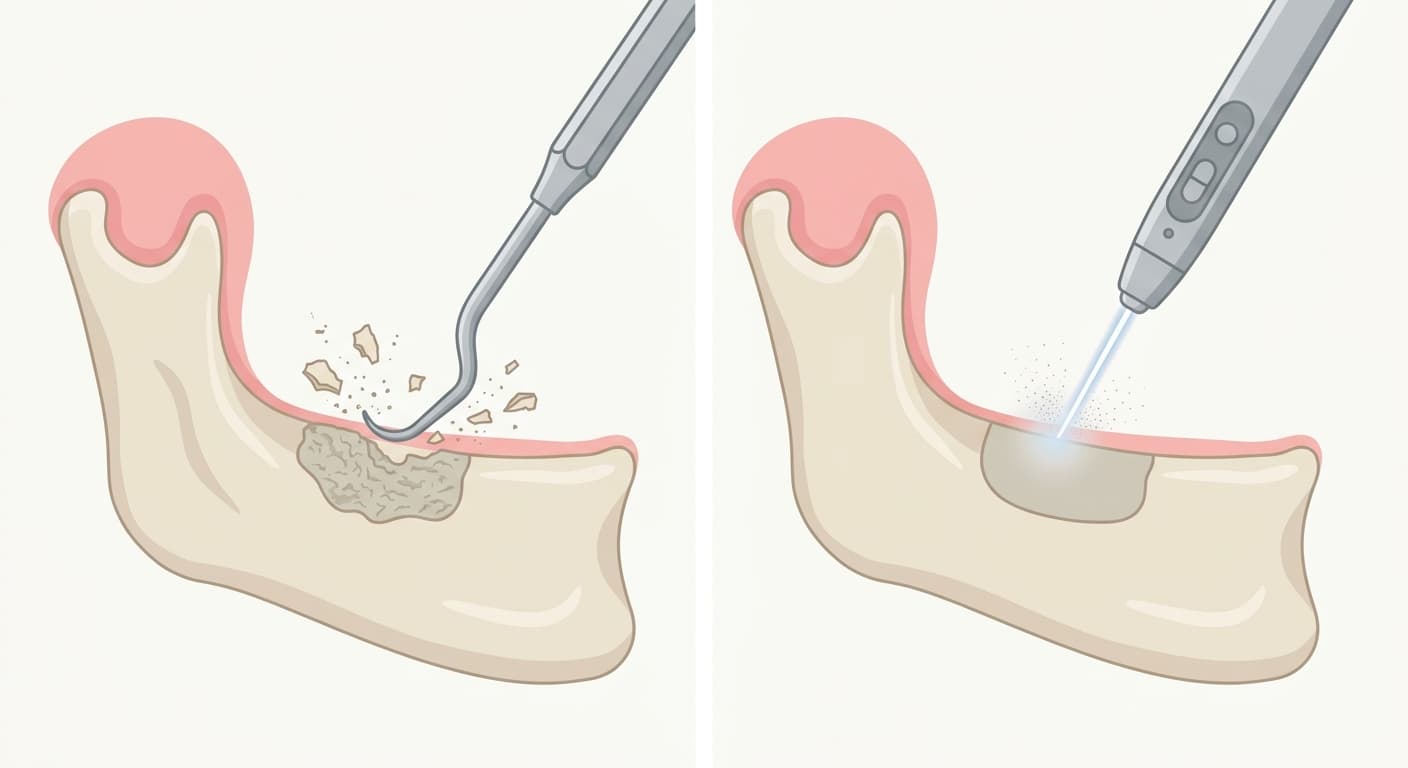 Illustration comparative : à gauche, un instrument racle l'os et projette des fragments ; à droite, un faisceau laser retire la surface osseuse de façon lisse