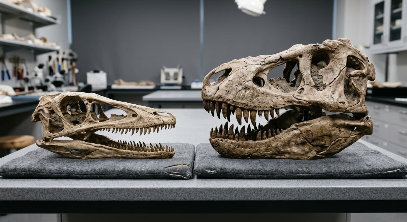 Un crâne aux dents petites et fines posé à côté d'un crâne aux dents grandes et épaisses, sur une table de laboratoire