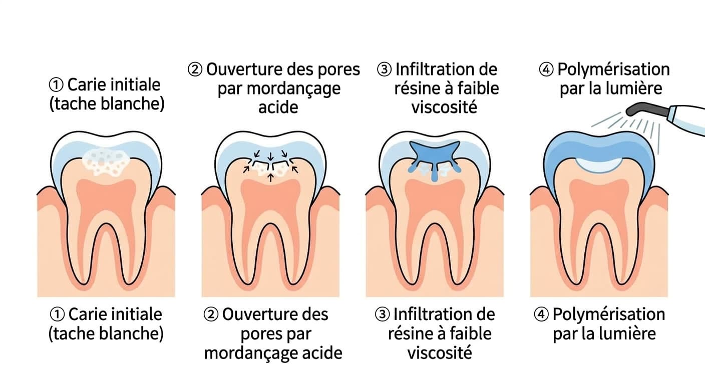 Les quatre étapes de l'infiltration résineuse, illustrées dans l'ordre : l'émail à l'état de tache blanche, l'ouverture d'un chemin par mordançage acide, l'infiltration de la résine à faible viscosité, puis la polymérisation par la lumière pour finaliser le traitement.