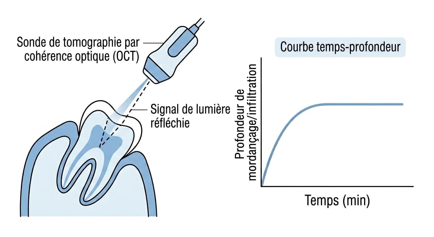 Le principe de la sonde de tomographie par cohérence optique (OCT), qui projette de la lumière sur la dent et mesure la profondeur du mordançage et de l'infiltration à partir du signal réfléchi, et la courbe temps-profondeur montrant que la profondeur augmente avec le temps avant de se stabiliser.