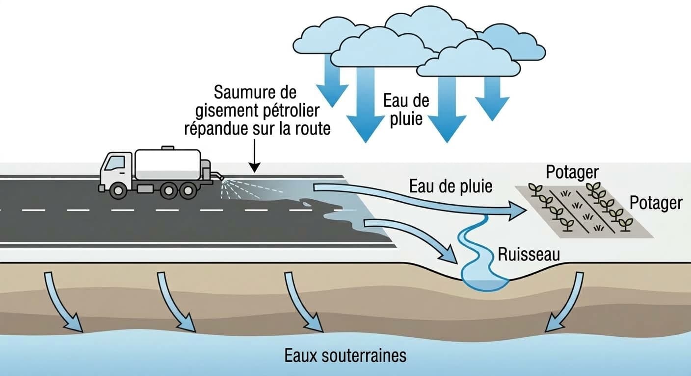 Schéma montrant un camion-citerne répandant de la saumure de gisement pétrolier sur la route, puis la pluie l'entraînant vers un potager, un ruisseau et les eaux souterraines