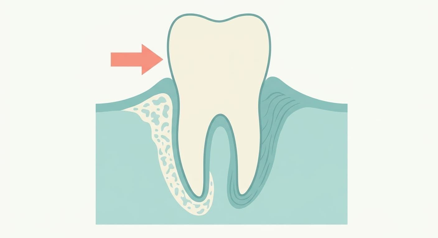 Illustration en coupe montrant une dent soumise à une force orthodontique, avec résorption osseuse d'un côté et formation de nouvel os de l'autre