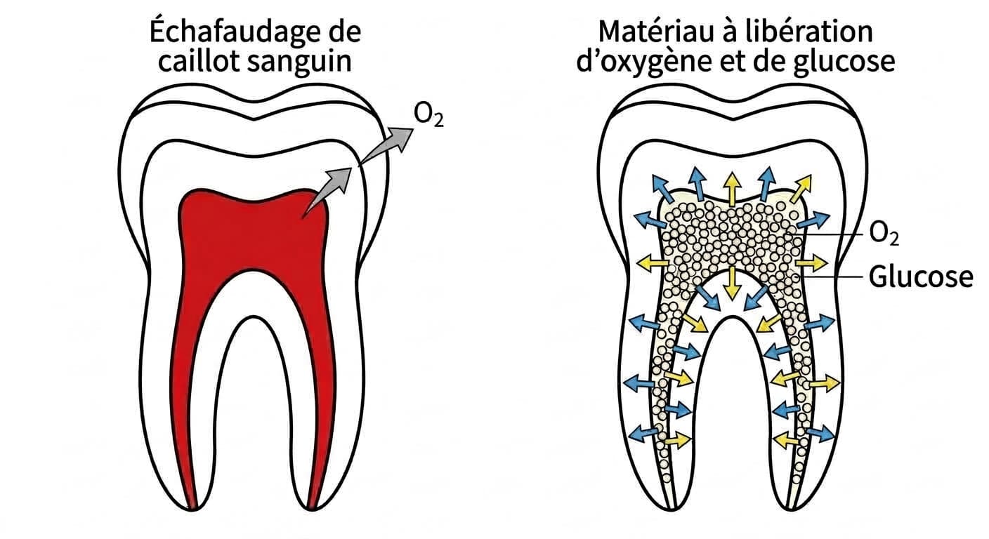 Schéma en coupe comparant l'échafaudage de caillot sanguin de l'endodontie régénérative classique et le nouveau matériau qui diffuse uniformément l'oxygène et le glucose dans tout le canal radiculaire