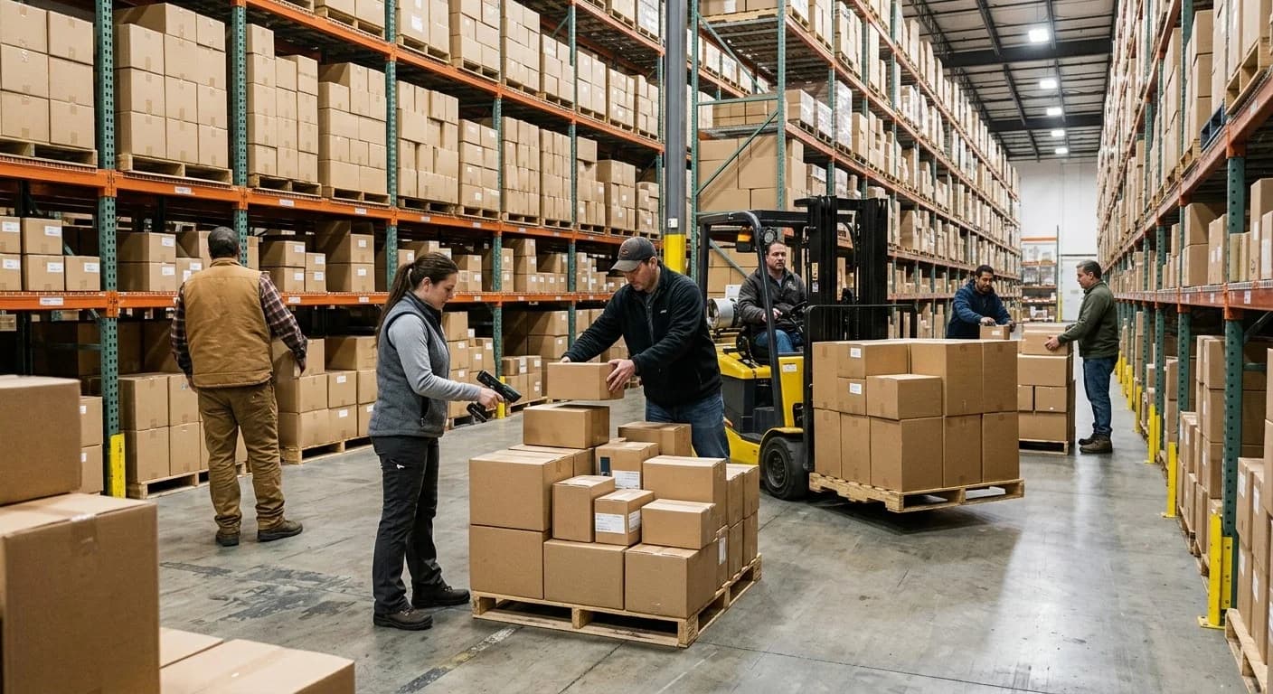 Des employés d'un entrepôt de distribution dentaire et vétérinaire trient des cartons et les déplacent à l'aide d'un chariot élévateur